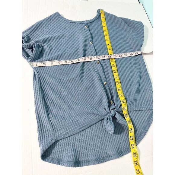 Crown of Hearts Women's Salina Tie Front Button-Down Waffle Knit Top Blue Large - Picture 7 of 11